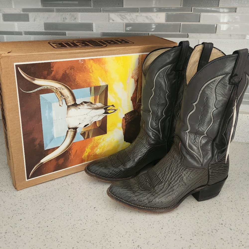 Vintage 1986 Abilene Black Leather And Shark Skin Black Cowboy Boots In Box